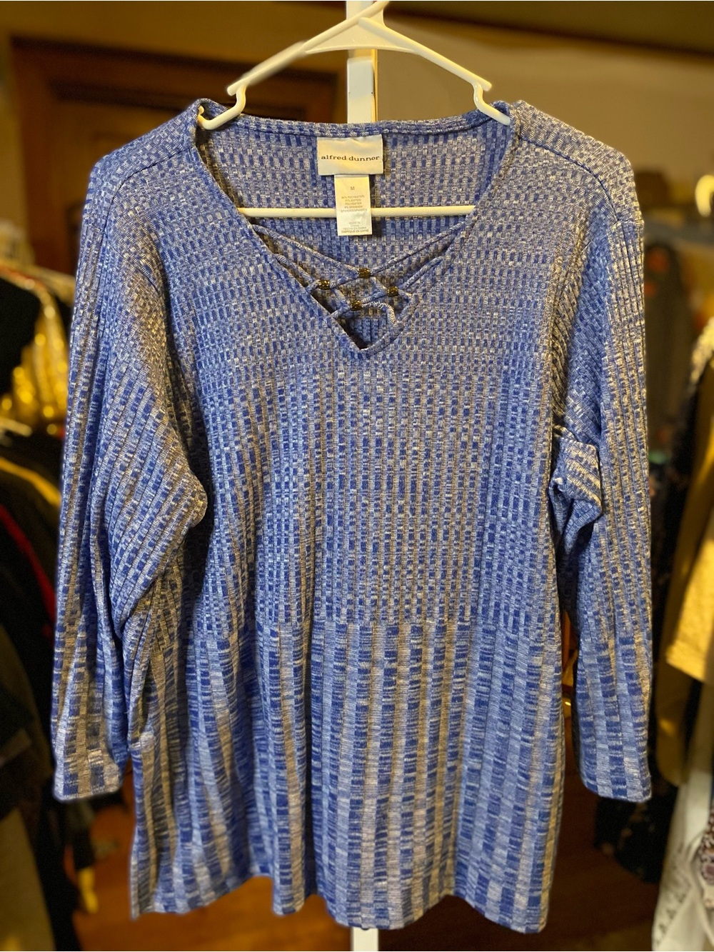 Alfred Dunner Blue Textured Crisscross V-Neck Long Sleeve Top